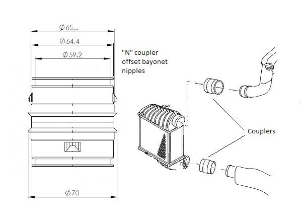 Alloy Male to Male Bayonet 65mm Coupler with Offset Nipples